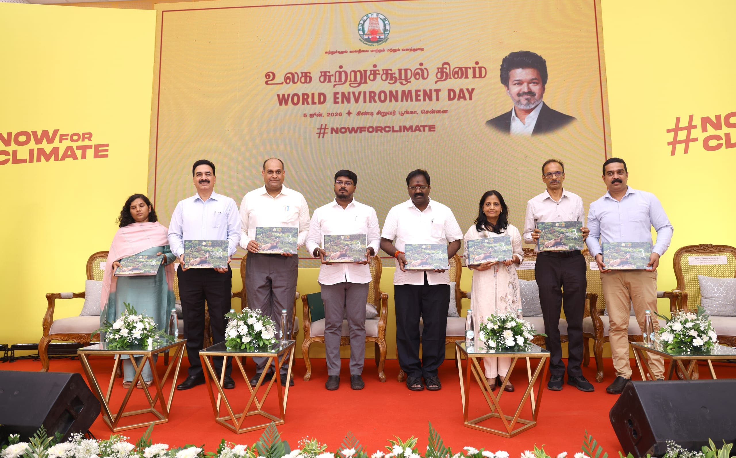 Officials releasing the Nilgiri Tahr book on World Environment Day 2026, Guindy Children's Park, Chennai